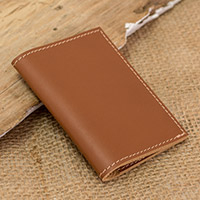 Leather card holder, 'Helpful Caresses' - Leather Card Holder in a Brown Tone Handcrafted in Guatemala