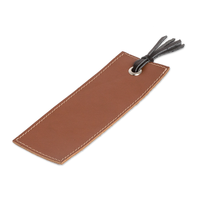 Leather bookmark, 'Evening Reading' - Handcrafted Brown Leather Bookmark with Black Fringes