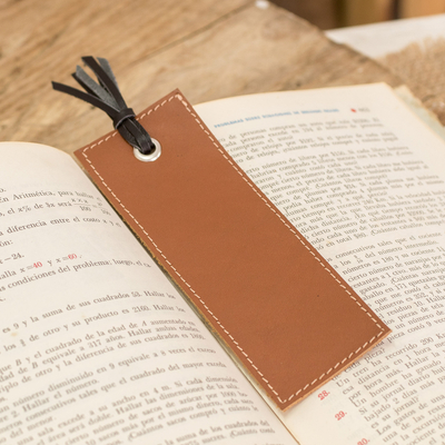 Leather bookmark, 'Evening Reading' - Handcrafted Brown Leather Bookmark with Black Fringes