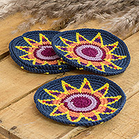 Cotton coasters, 'Indigo Energies' (set of 4) - Set of 4 Knit Indigo Cotton Coasters with Geometric Design