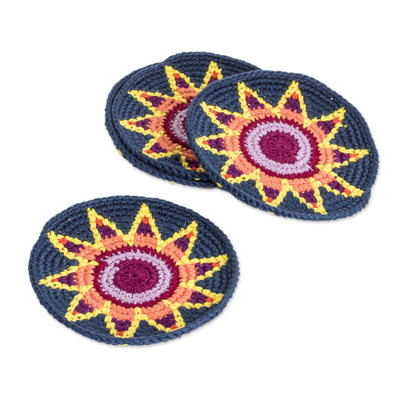 Cotton coasters, 'Indigo Energies' (set of 4) - Set of 4 Knit Indigo Cotton Coasters with Geometric Design