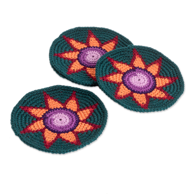 Cotton coasters, 'Peacock Sparks' (set of 4) - Set of 4 Handcrafted Cotton Coasters in a Peacock Hue
