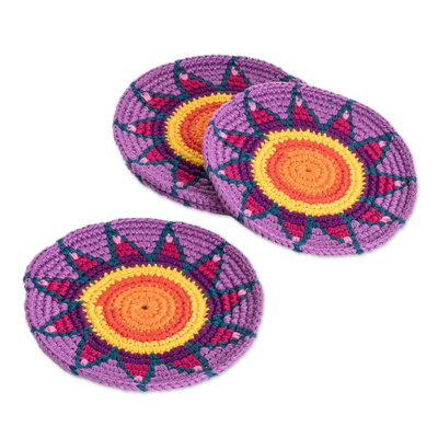 Cotton coasters, 'Wisteria Energies' (set of 4) - Set of 4 Knit Wisteria Cotton Coasters with Geometric Design
