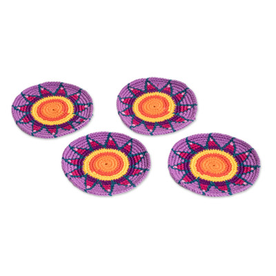 Cotton coasters, 'Wisteria Energies' (set of 4) - Set of 4 Knit Wisteria Cotton Coasters with Geometric Design