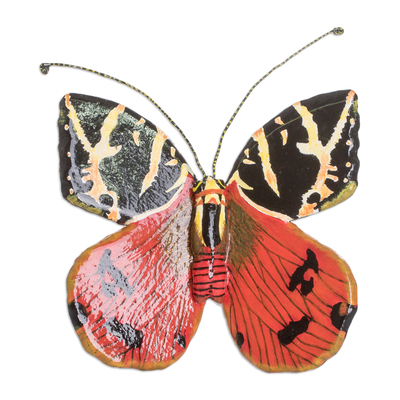 Ceramic sculpture, 'Scarlet Tiger Moth' - Handcrafted Ceramic Sculpture of Red and Black Moth