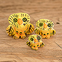 Ceramic figurines, 'Intellectual Family' (set of 3) - Set of 3 Handmade Owl Ceramic Figurines in Yellow and Black