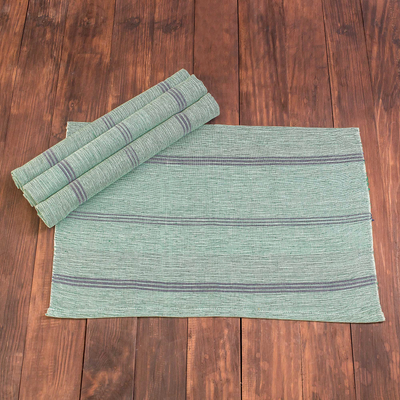 Manteles individuales de algodón, 'Railroad Stripes in Green' (juego de 4) - 4 manteles individuales de algodón a rayas tejidos a mano en verde y azul