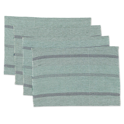 Cotton placemats, 'Railroad Stripes in Green' (set of 4) - 4 Hand-Woven Striped Cotton Placemats in Green and Blue