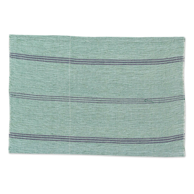 Tischsets aus Baumwolle, 'Railroad Stripes in Green' (4er-Set) - 4 handgewebte Tischsets aus gestreifter Baumwolle in Grün und Blau