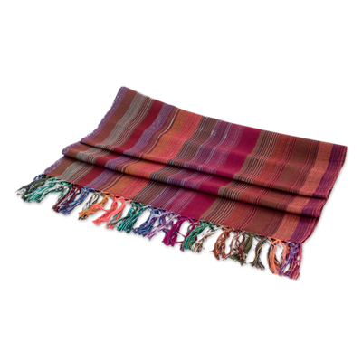 Cotton shawl, 'Sweet Sensations' - Striped & Fringed Shawl Hand-Woven from Cotton in Guatemala