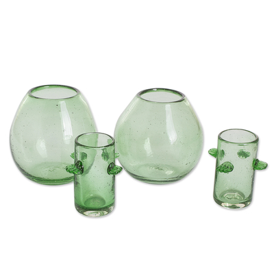 Blown recycled glass tequila glasses, 'Perfect Shot in Green' (pair) - Blown Recycled Glass Green Shot Glasses with Ice Receptacle