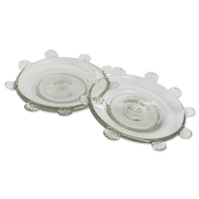 Blown recycled glass dessert plates, 'Feathers' (pair) - Pair of Blown Recycled Glass Dessert Plates from Guatemala