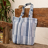 Cotton tote bag, 'Coolness' - Check Tote Bag in Blue White and Grey Hand-Woven from Cotton