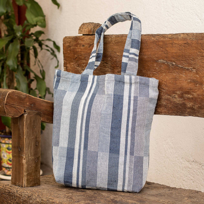 Baumwoll-Einkaufstasche - Karierte Tragetasche in Blau, Weiß und Grau, handgewebt aus Baumwolle
