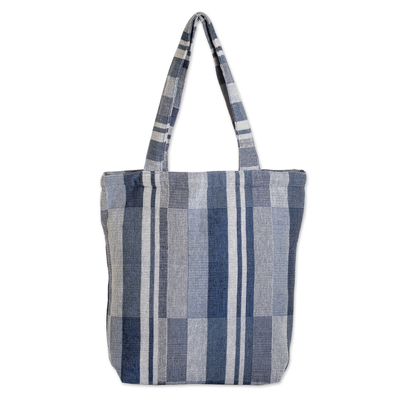 Baumwoll-Einkaufstasche - Karierte Tragetasche in Blau, Weiß und Grau, handgewebt aus Baumwolle