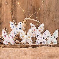 Felt ornaments, 'Rainbow Flight' (set of 6) - Set of 6 Handcrafted Embroidered Butterfly Felt Ornaments