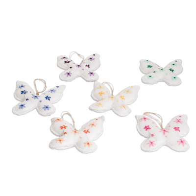 Felt ornaments, 'Rainbow Flight' (set of 6) - Set of 6 Handcrafted Embroidered Butterfly Felt Ornaments