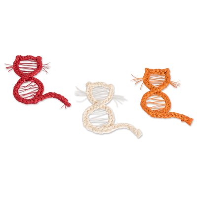 Naturfasermagnete, (3er-Set) - 3 handgefertigte Naturfaser-Katzenmagnete in Rot, Orange und Elfenbein