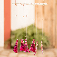 Recycled glass windchime, 'Pink Peaks' - Pink Hand-Painted Recycled Glass Windchime from Costa Rica