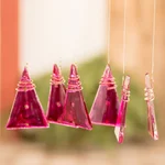 Recycled glass windchime, 'Pink Peaks' - Pink Hand-Painted Recycled Glass Windchime from Costa Rica
