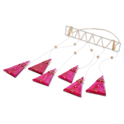 Recycled glass windchime, 'Pink Peaks' - Pink Hand-Painted Recycled Glass Windchime from Costa Rica
