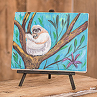 Painting with wood easel, 'Mother and Child' - Signed Impressionist Oil Painting of Sloth with Wood Easel