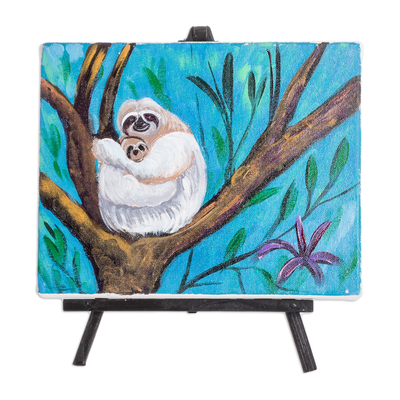 Painting with wood easel, 'Mother and Child' - Signed Impressionist Oil Painting of Sloth with Wood Easel