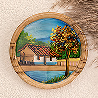 Dekorativer Holzteller, „Landschaft meines Landes“ – handgefertigter dekorativer Teller aus Zedernholz mit klassischer Szene