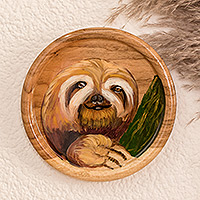 Wood decorative plate, 'Sweet Sloth' - Handcrafted Sloth-Themed Cedar Wood Decorative Plate