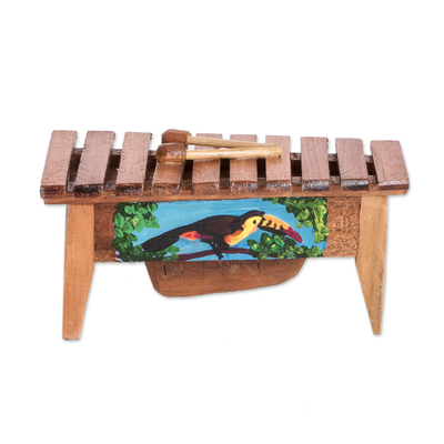 Wood figurine, 'Paradise Rhythm' - Handcrafted Toucan-Inspired Pinewood Figurine of a Marimba