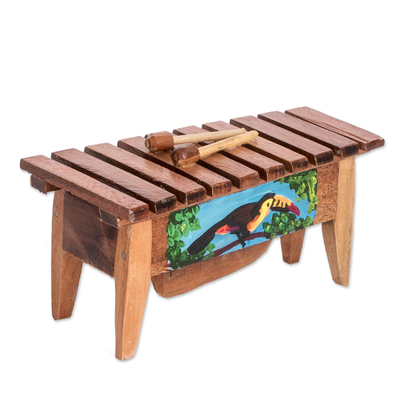 Wood figurine, 'Paradise Rhythm' - Handcrafted Toucan-Inspired Pinewood Figurine of a Marimba