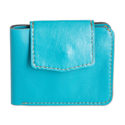 Leather wallet, 'Essential Turquoise' - Handcrafted Turquoise Leather Wallet with Snap Closure