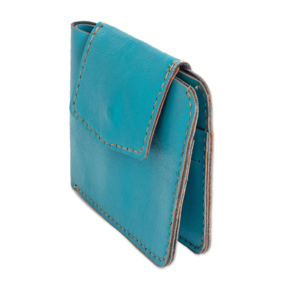 Leather wallet, 'Essential Turquoise' - Handcrafted Turquoise Leather Wallet with Snap Closure