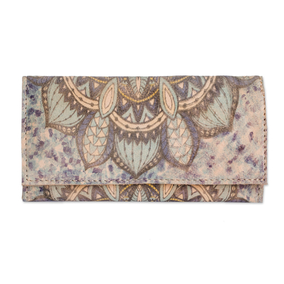 Handcrafted Printed Leather Wallet in Beige and Blue Hues