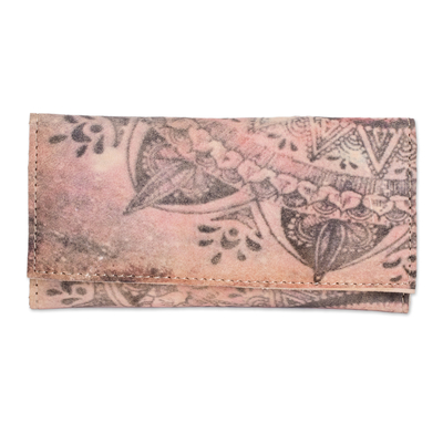 Leather wallet, 'Dreaming with Flowers' - Handcrafted Printed Leather Wallet in Beige and Pink Hues