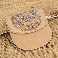 Monedero de cuero, 'Cerulean Dream' - Monedero de cuero estampado artesanalmente con diseño de mandala