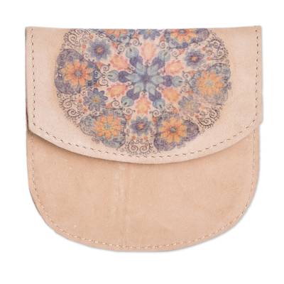 Leather coin purse, 'Cerulean Dream' - Handcrafted Printed Leather Coin Purse with Mandala Design