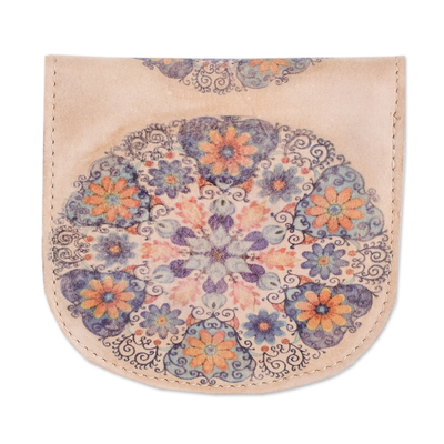 Leather coin purse, 'Cerulean Dream' - Handcrafted Printed Leather Coin Purse with Mandala Design