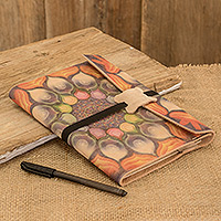 Paper journal with leather cover, 'Fantasy Memories' - Paper Journal with Flower-Inspired Leather Cover