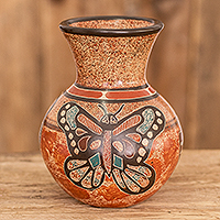 Ceramic decorative vase, 'Beautiful Flight' - Butterfly and Hummingbird Chorotega Pottery Decorative Vase