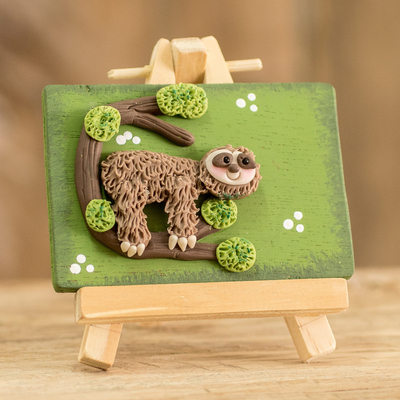 Cold porcelain and wood decorative accent, 'Lovely Sloth' - Cold Porcelain Sloth Decorative Accent with Pinewood Easel