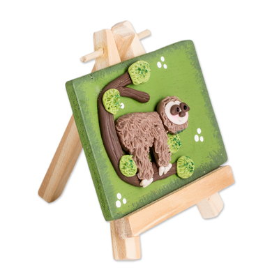 Cold porcelain and wood decorative accent, 'Lovely Sloth' - Cold Porcelain Sloth Decorative Accent with Pinewood Easel