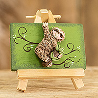Cold porcelain and wood decorative accent, 'Jungle Sloth' - Cold Porcelain Sloth Decorative Accent with Wood Easel