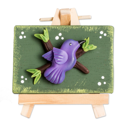 Cold porcelain and wood decorative accent, 'Cute Hummingbird' - Cold Porcelain Butterfly Decorative Accent with Wood Easel