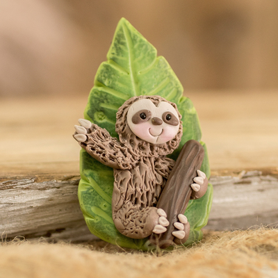 Cold porcelain magnet, 'Fun Sloth' - Hand-Painted Cold Porcelain Sloth Kitchen Magnet