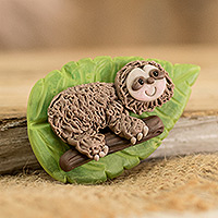 Cold porcelain magnet, 'Relaxing Sloth' - Hand-Painted Cold Porcelain Sloth-Themed Kitchen Magnet