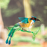 Recycled plastic mobile, 'Ethereal Fauna' - Hand-Painted Recycled Plastic Mobile of an Amazonian Motmo