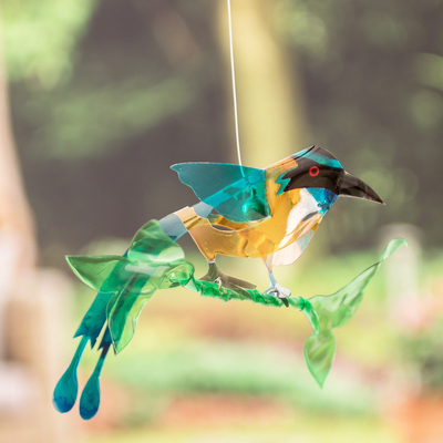 Recycled plastic mobile, 'Ethereal Fauna' - Hand-Painted Recycled Plastic Mobile of an Amazonian Motmo