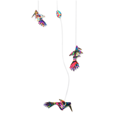 Recycled plastic mobile, 'Eden's Flight' - Recycled Plastic Mobile with Three colourful Hummingbirds