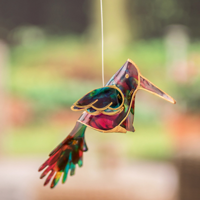 Recycled plastic mobile, 'Hummingbird Imagination' - Handcrafted Leafy and Hummingbird Recycled Plastic Mobile